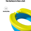 A yellow and blue foldable travel potty for kids is shown, emphasizing a smooth surface.