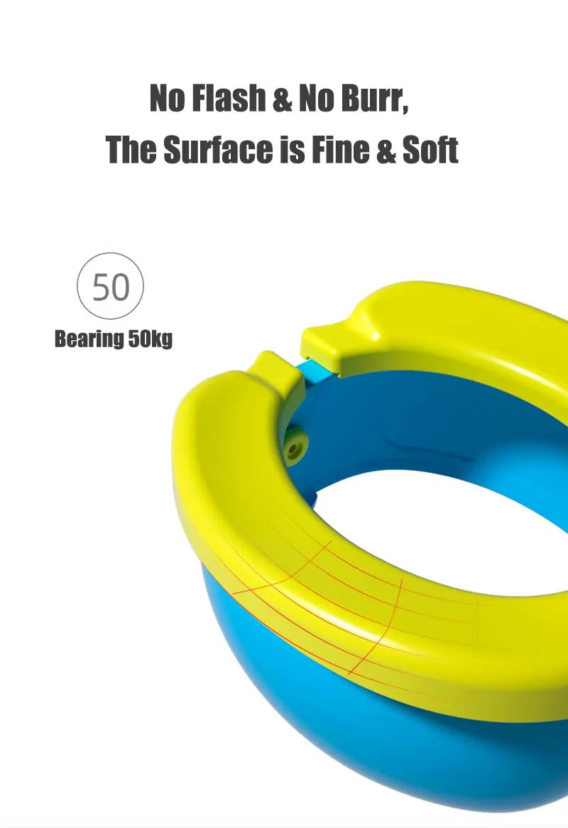 A yellow and blue foldable travel potty for kids is shown, emphasizing a smooth surface.