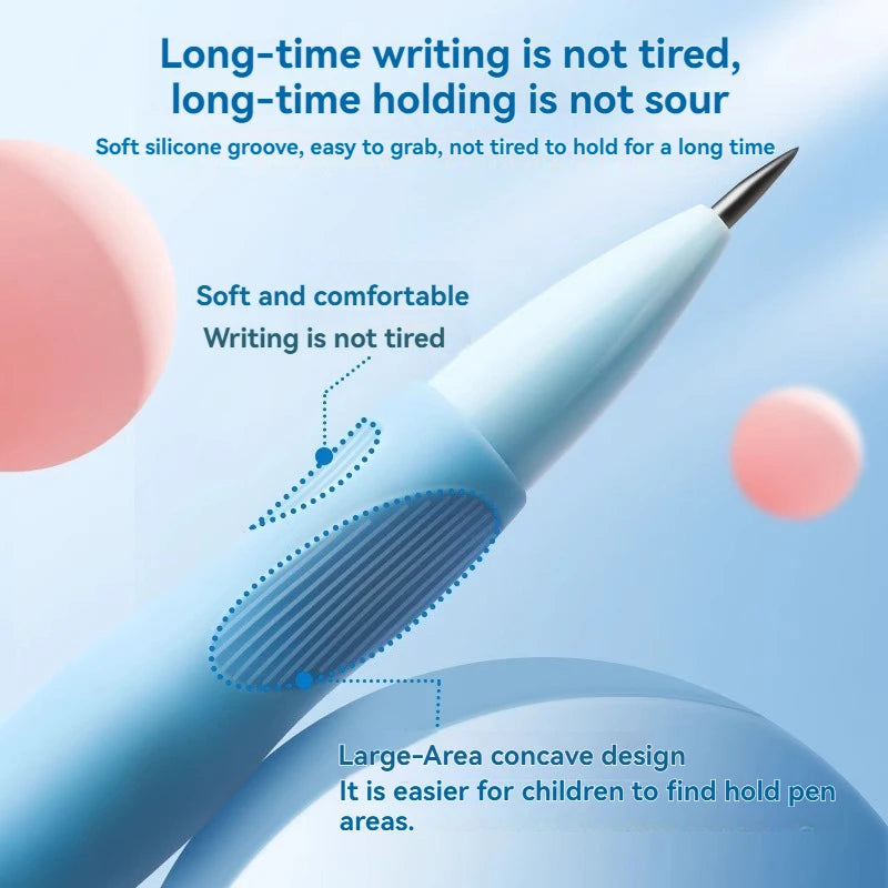 A close-up of a light blue mechanical pencil featuring a soft silicone groove and a large-area concave design for easy grip.