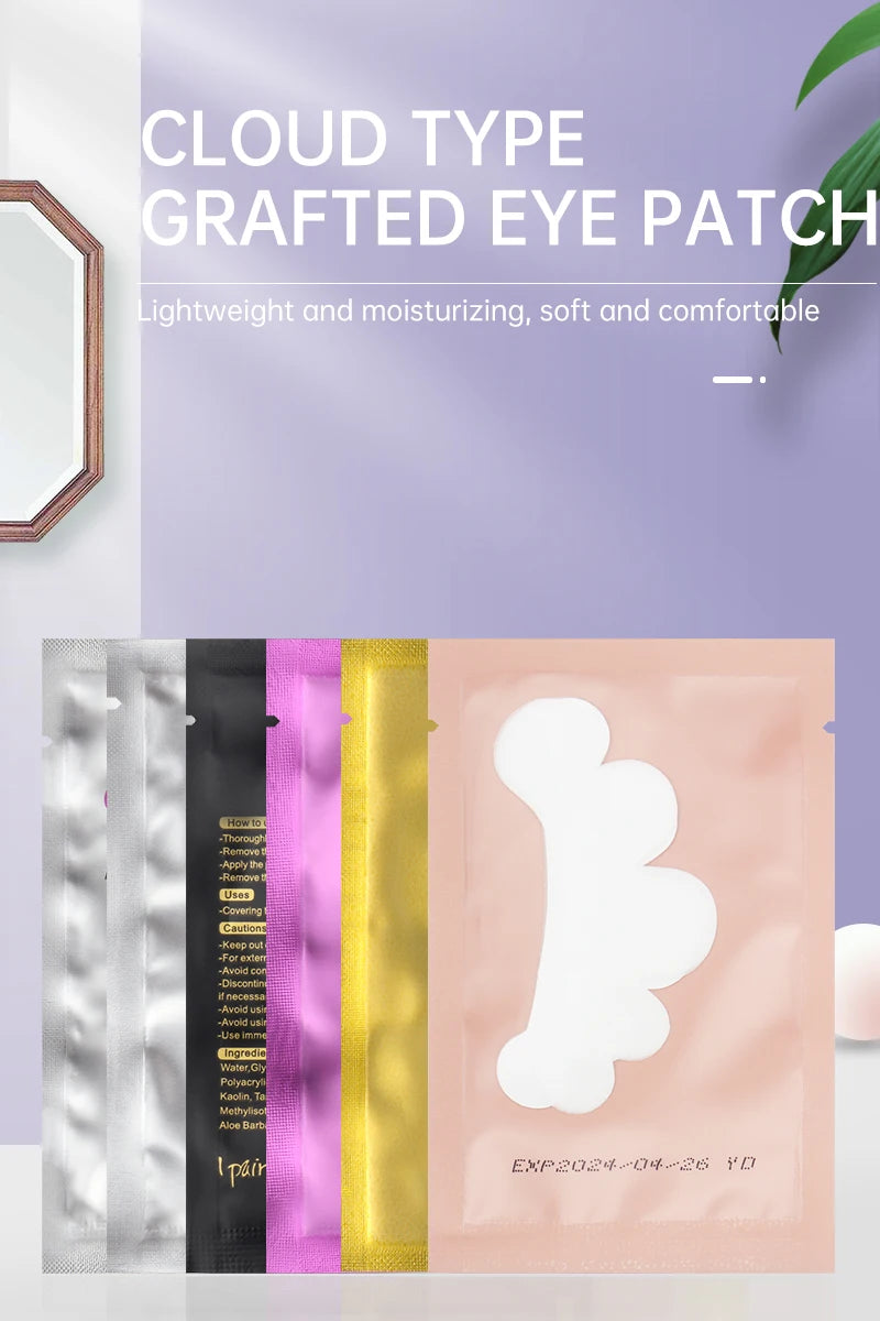 Pakke med skyformede hydrogel-øjenplastre i forskellige farver, herunder sort, pink og guld.
