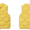 A yellow quilted vest for children shown from the front.