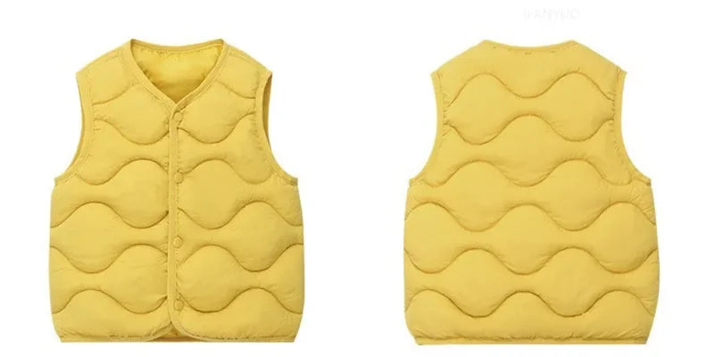 A yellow quilted vest for children shown from the front.