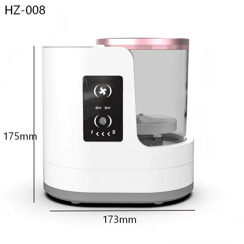 A white electric makeup brush cleaner with a clear container and pink accents, shown from the side.
