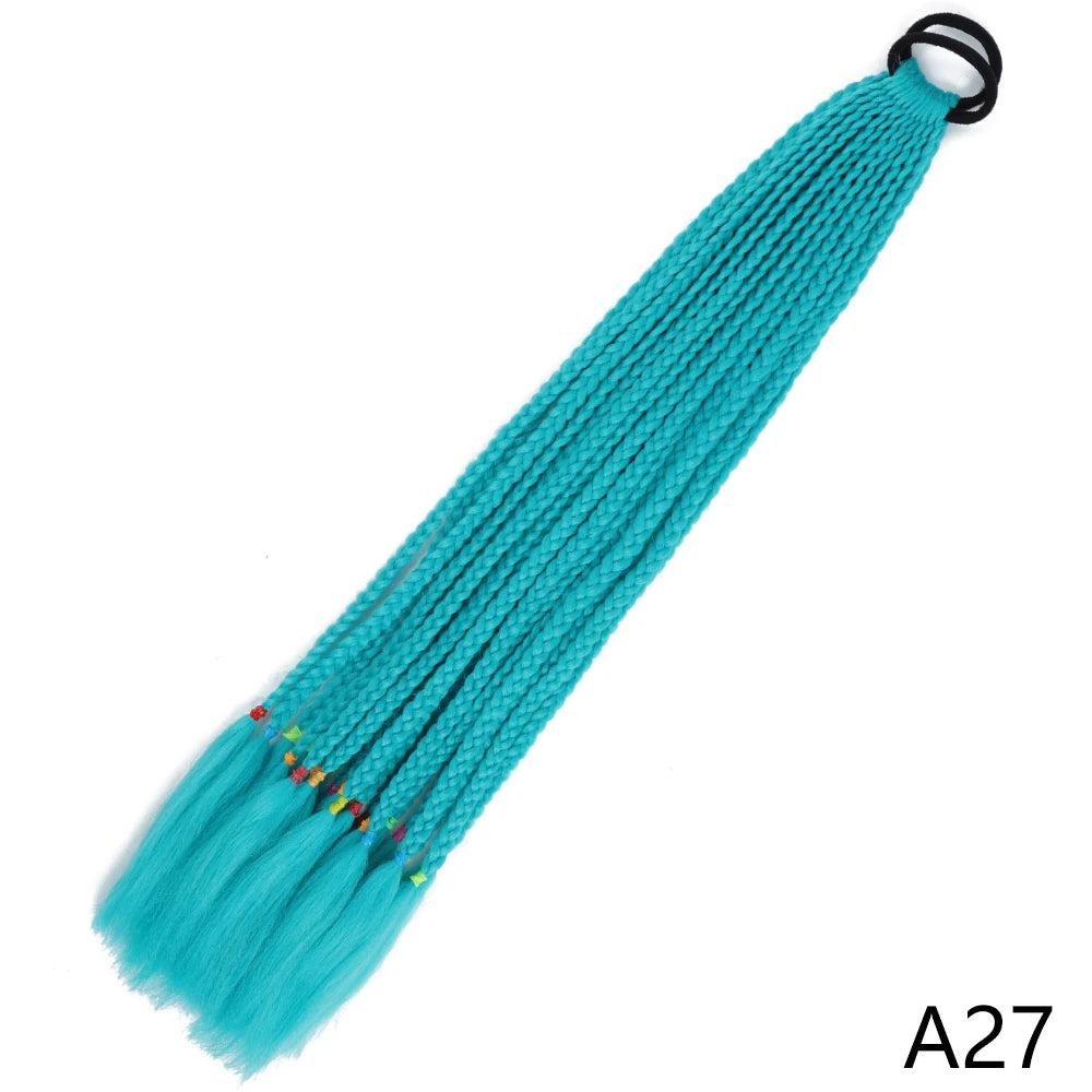 A turquoise pre-braided ponytail extension with an elastic band and colored tips.