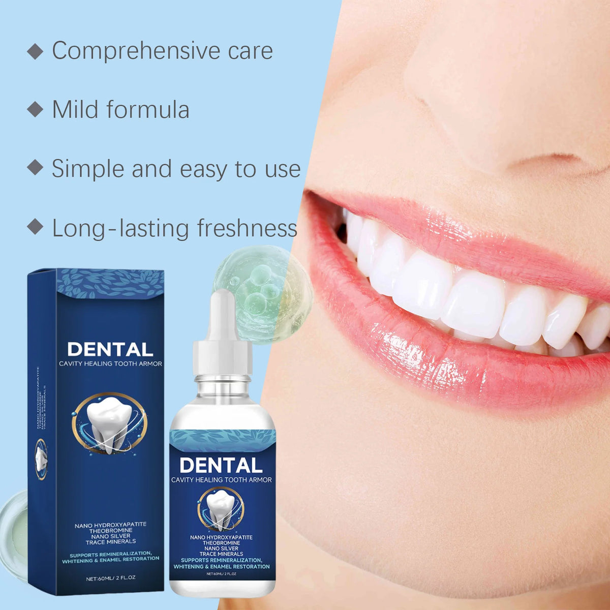 Dental cavity healing tooth armor drops shown next to a person's mouth, highlighting comprehensive care and mild formula.