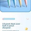 A set of five colorful Dolphin Pose pens with back cover built-in sharpeners displayed on a light blue surface.
