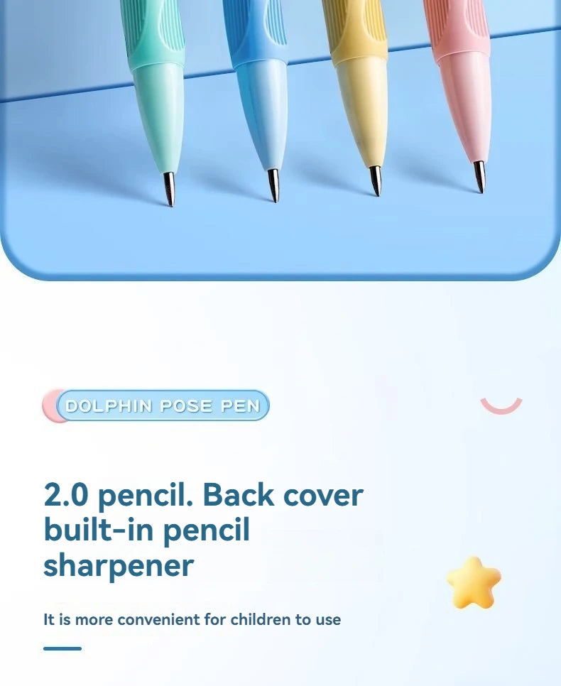 A set of five colorful Dolphin Pose pens with back cover built-in sharpeners displayed on a light blue surface.