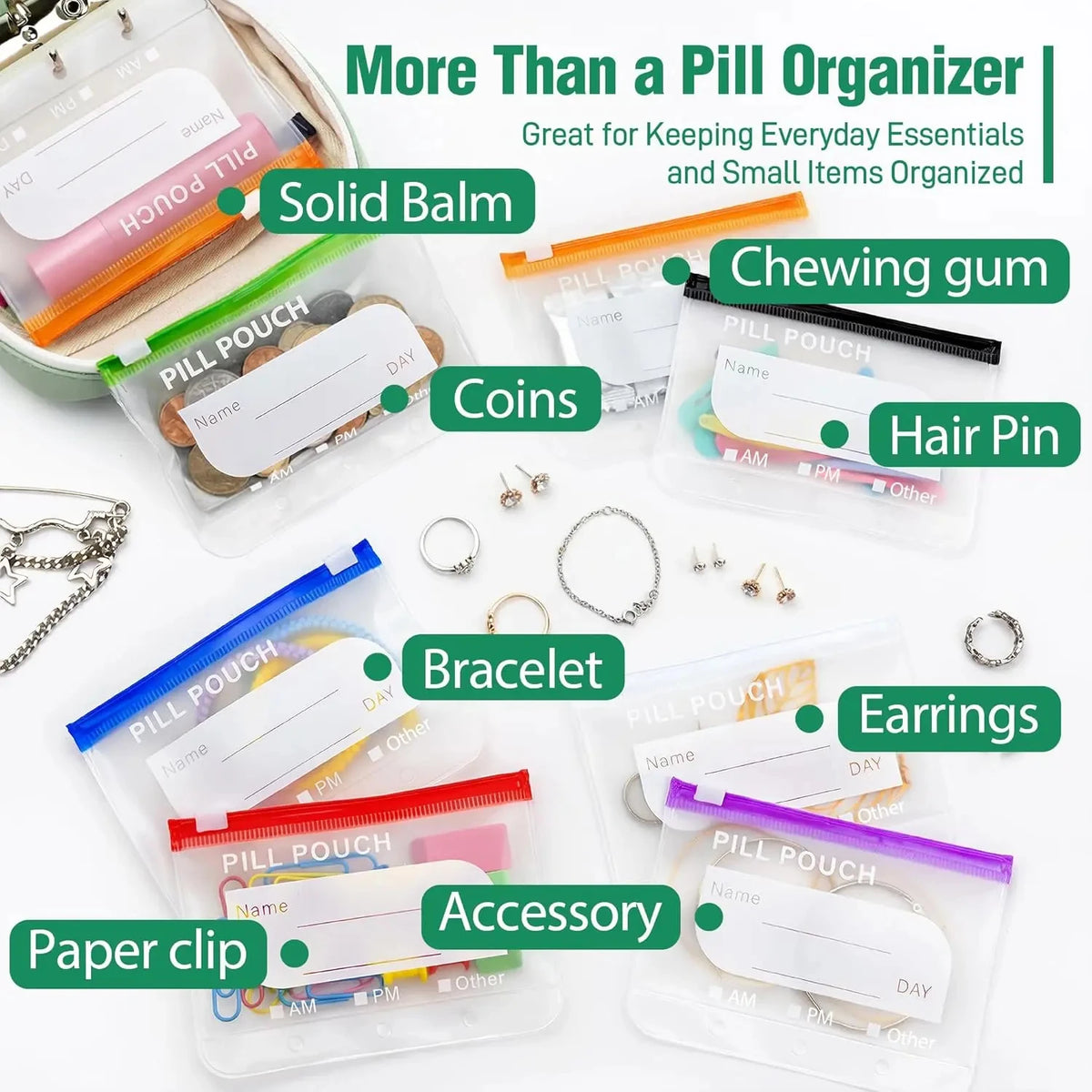 Ensemble de piluliers et rangements pour petits objets : baume solide, chewing-gum, pinces à cheveux, pièces, bracelet et tél