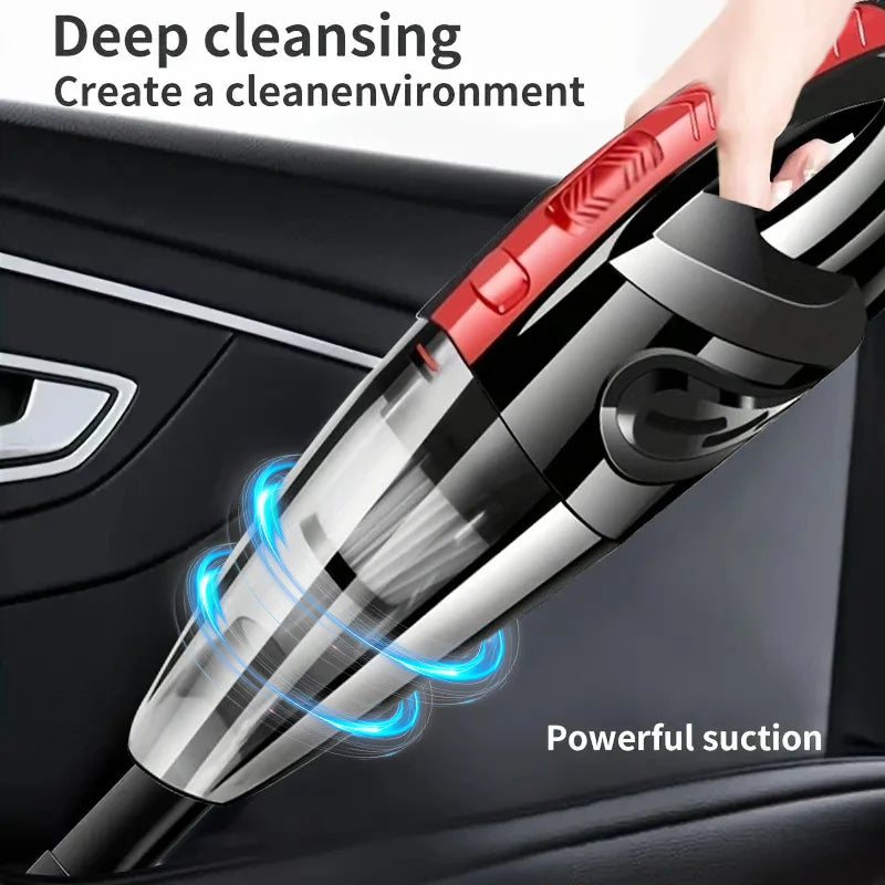 A close-up of a red and black cordless handheld vacuum cleaner demonstrating powerful suction on a car interior.