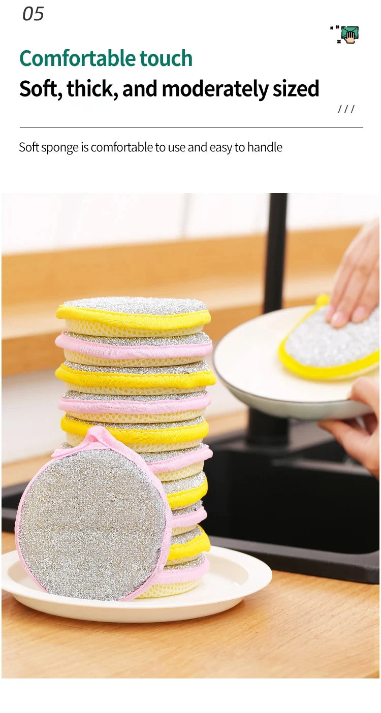 A stack of colorful, soft sponges in yellow and pink are shown on a white plate.
