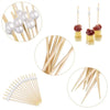 Elegant pearl bamboo skewers for party appetizers and desserts shown in various arrangements.