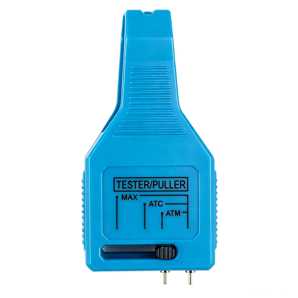 A blue tester/puller tool for automotive fuses, showing max and atm markings.