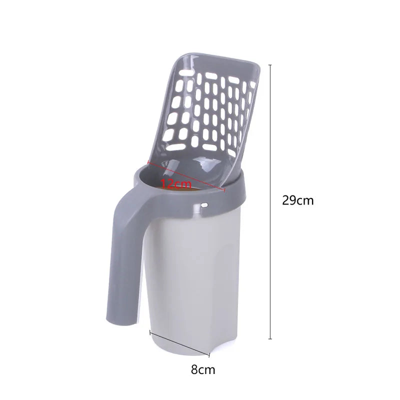 Un recogedor de arena para gato gris con soporte integrado para bolsa de basura, en vista vertical.