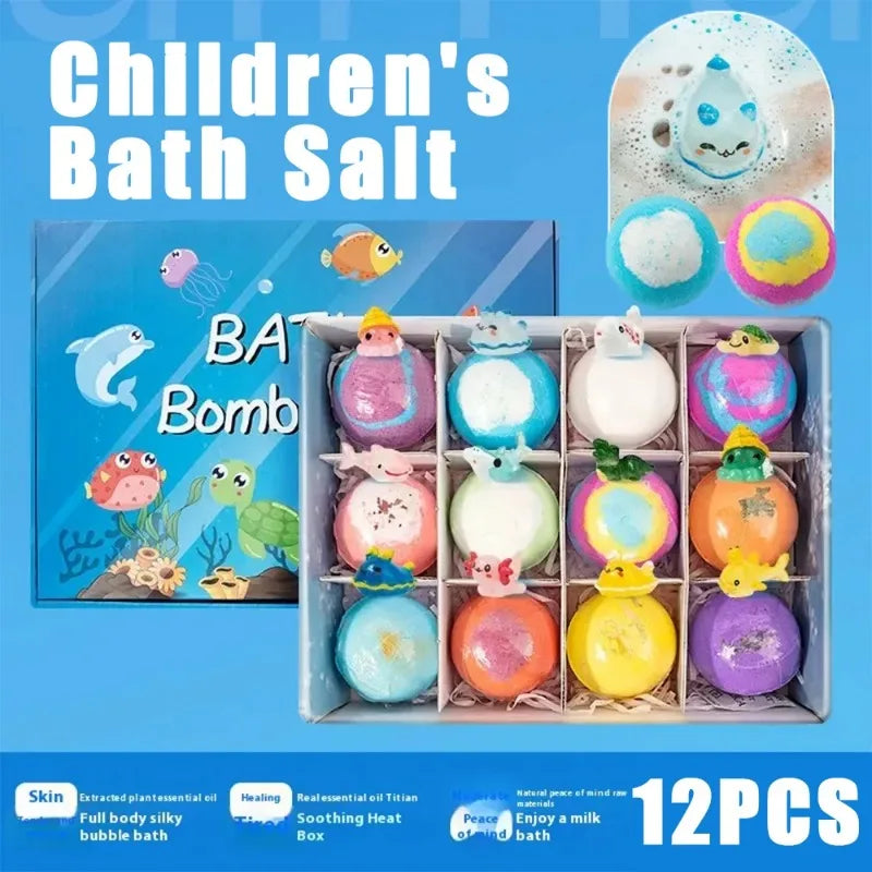 A box of Children's Bath Salt bath bombs featuring various colorful sea creatures and bubbles.