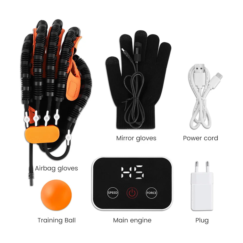 A set of hand rehabilitation robot gloves including mirror gloves, power cord, airbag gloves, training ball, main engine, and