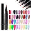 A collection of gel polish pens in various colors and shades displayed in a row.