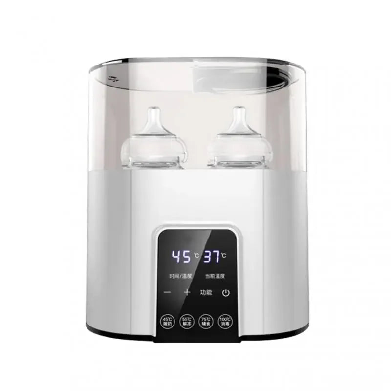 A white multi-function baby bottle warmer and sterilizer device with a clear top section.