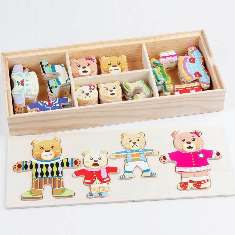 A wooden puzzle set featuring various bear figures in different outfits and colors, displayed in a light wood box.