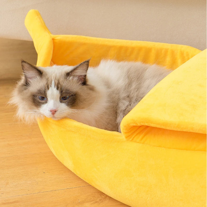 En myk grå og hvit katt hviler i en lys gul bananformet plysjseng.