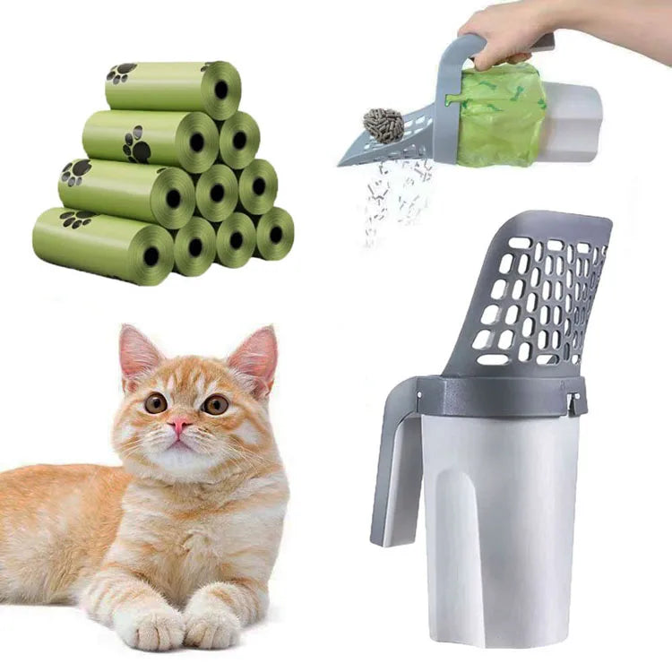 Recogedor de arena con bolsa para basura integrada junto a un gato naranja esponjoso.