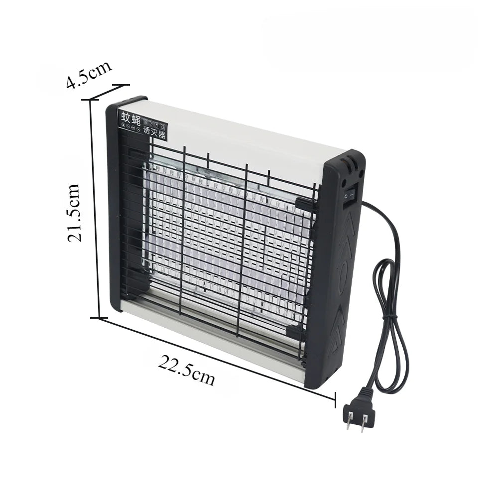A rectangular electric mosquito killer lamp with a black frame and UV light trap, shown with dimensions.