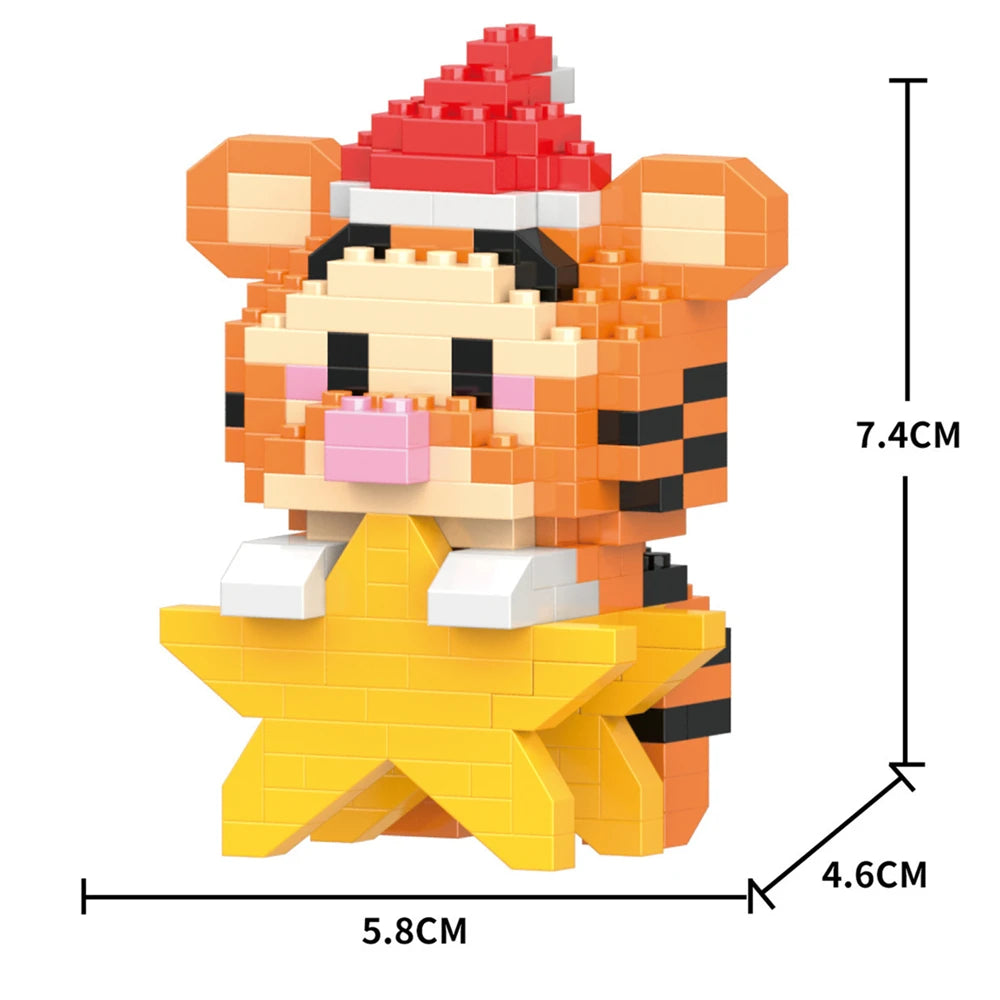 An orange and black tiger head figurine with a yellow star base made of micro building blocks.
