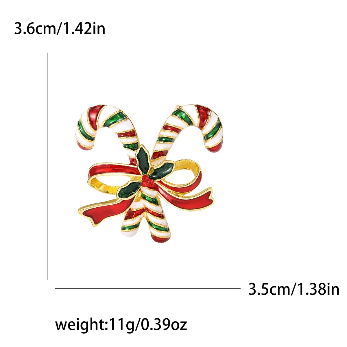 Broche festivo navideño en forma de campana con esmalte rayado y pedrería.
