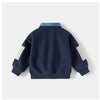 Navy fleece pullover sweatshirt with a denim collar and light beige accents.