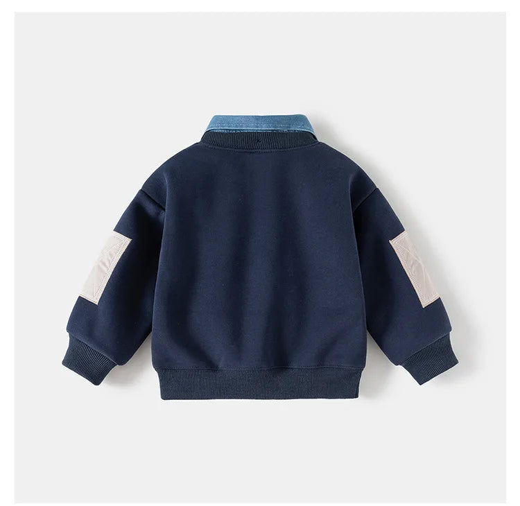 Navy fleece pullover sweatshirt with a denim collar and light beige accents.