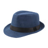 A navy blue wide brim straw fedora hat with a black band.