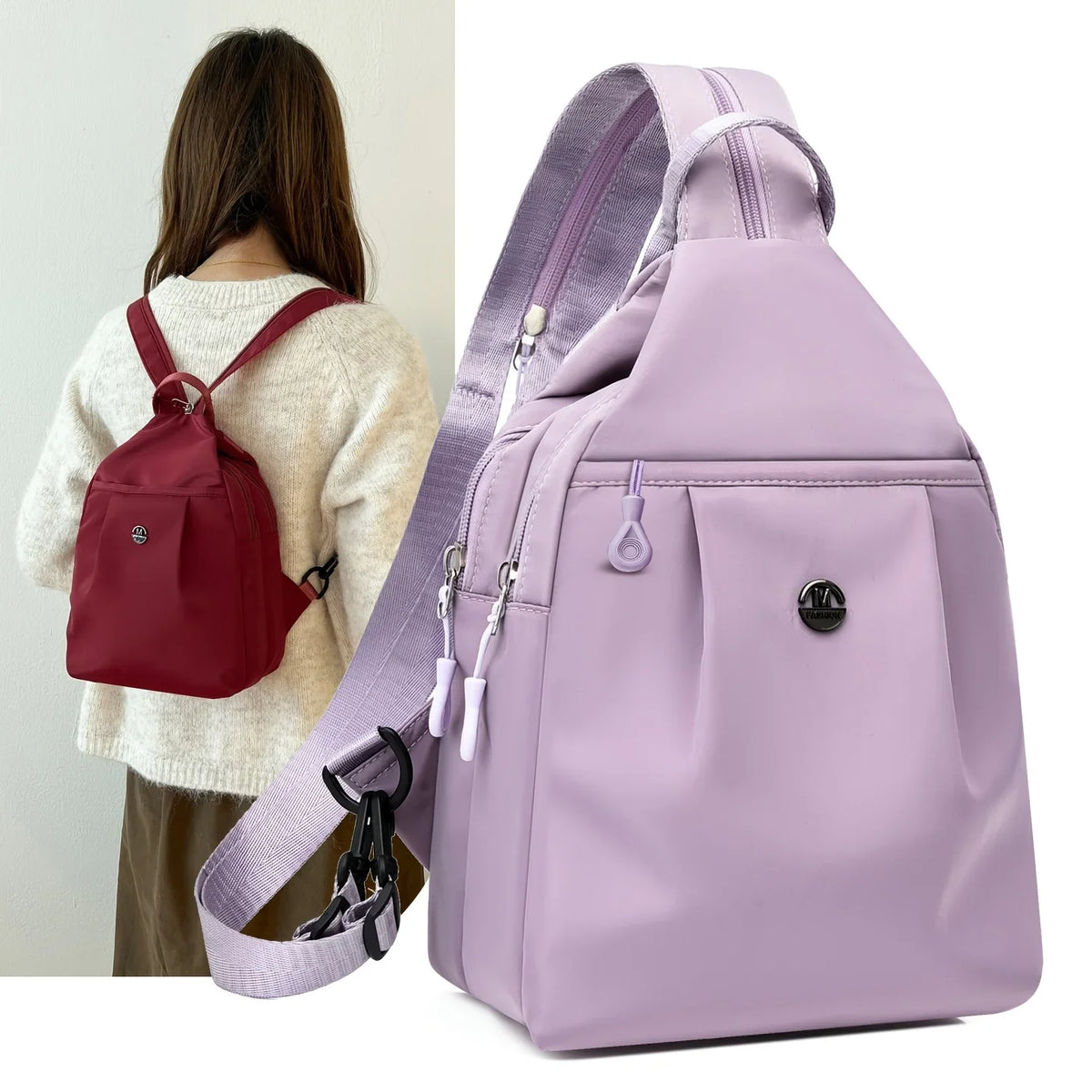 A light purple mini backpack with a purple strap is shown next to a woman wearing a cream sweater.