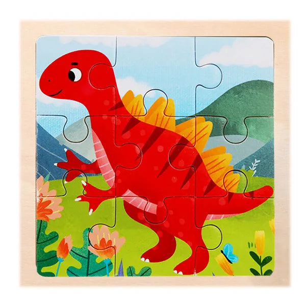 A red dinosaur puzzle featuring a vibrant dinosaur with yellow spikes set against a green landscape.