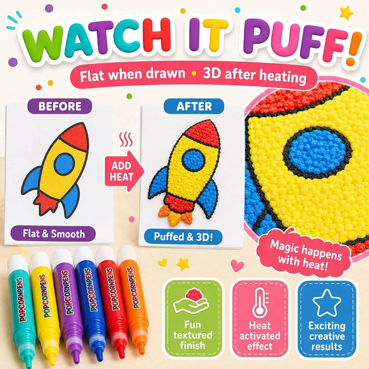 Magic Popcorn Pen tool used to create 3D puffy textured drawings on cards and crafts