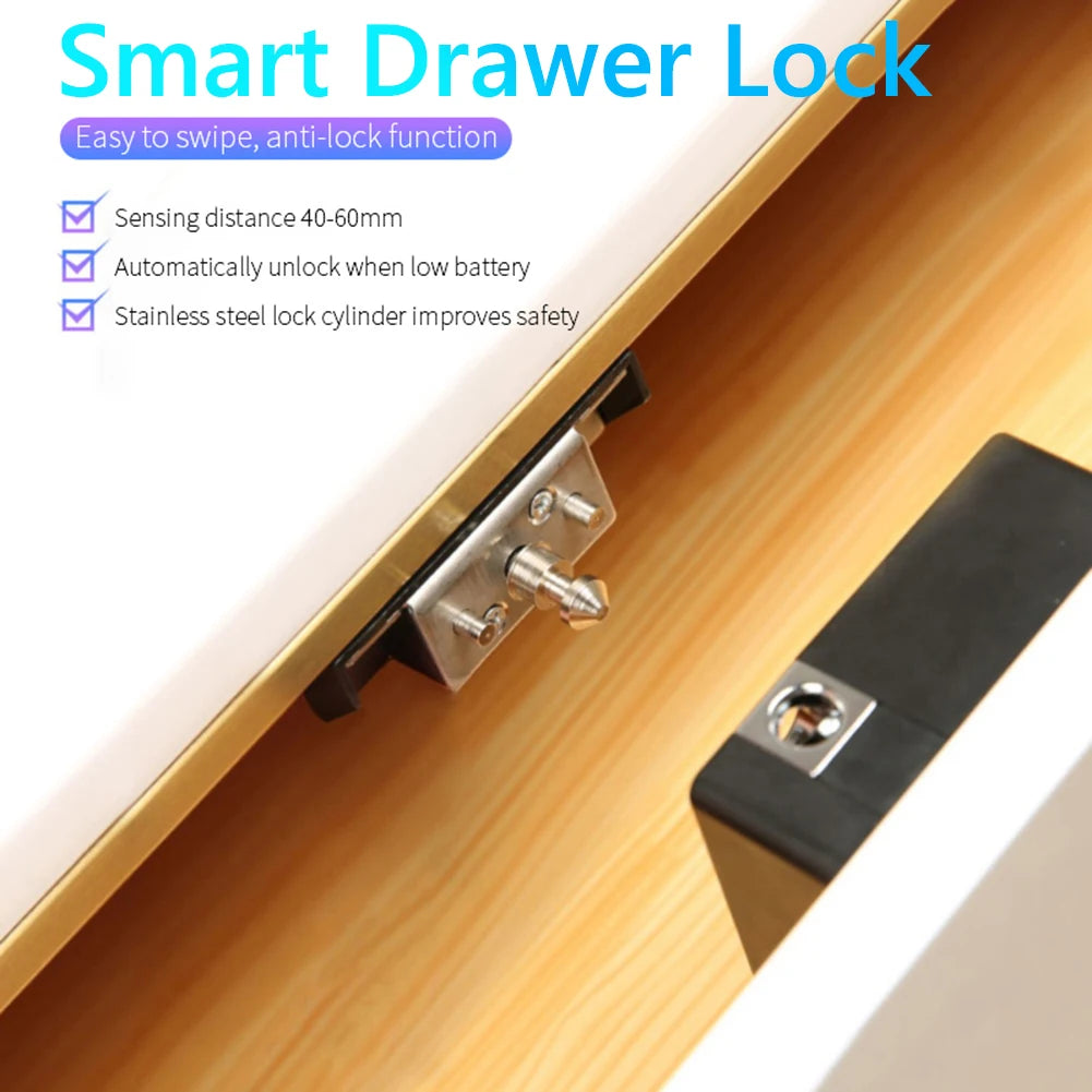 A close-up view of a smart drawer lock mechanism installed on a wooden cabinet drawer.