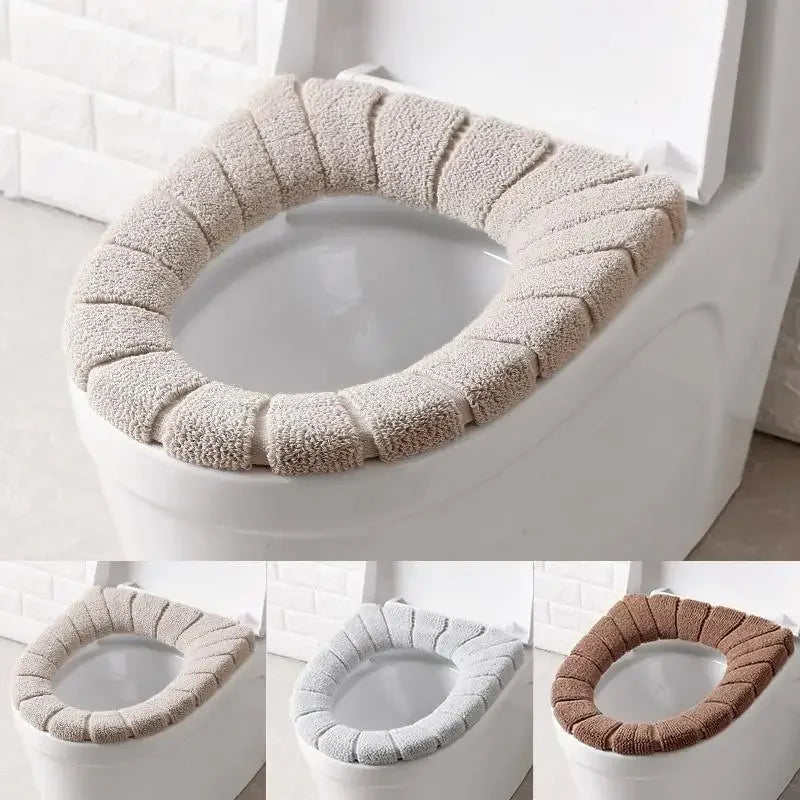 A beige soft acrylic toilet seat cover is shown being placed on a white toilet bowl.