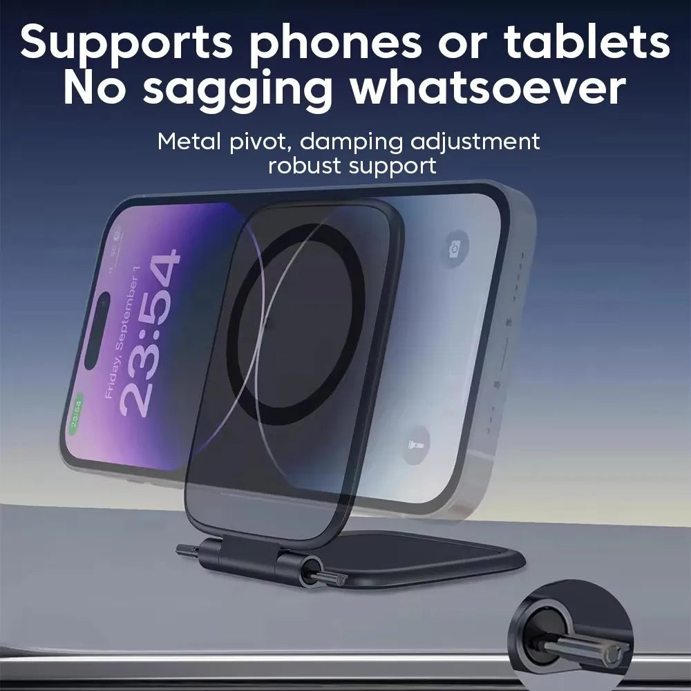 A clear magnetic phone holder device is shown supporting a smartphone on a surface.