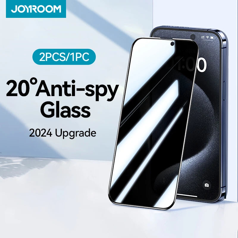Un iPhone negro junto a un protector de pantalla antiespía y su empaque para privacidad de 20°.