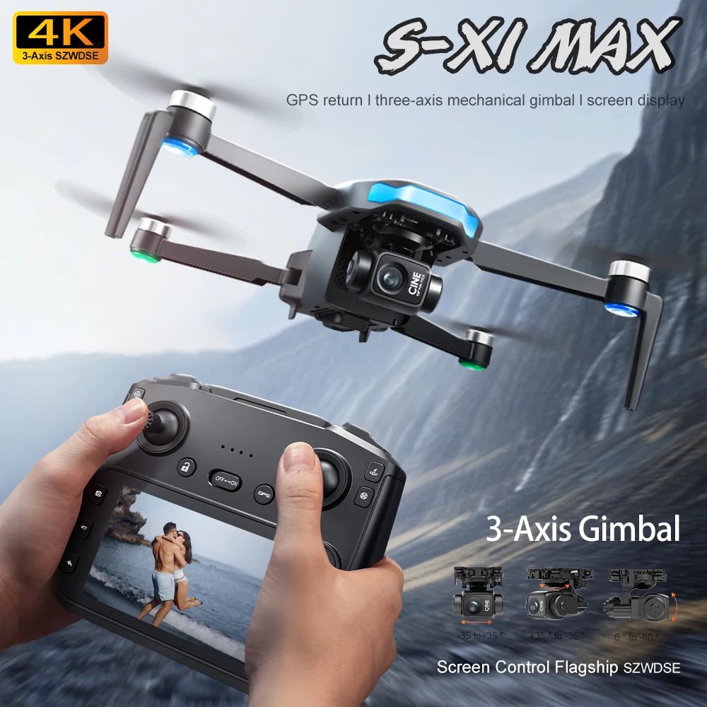 A hand holds a remote control for a 4K GPS drone featuring a three-axis gimbal and screen display.