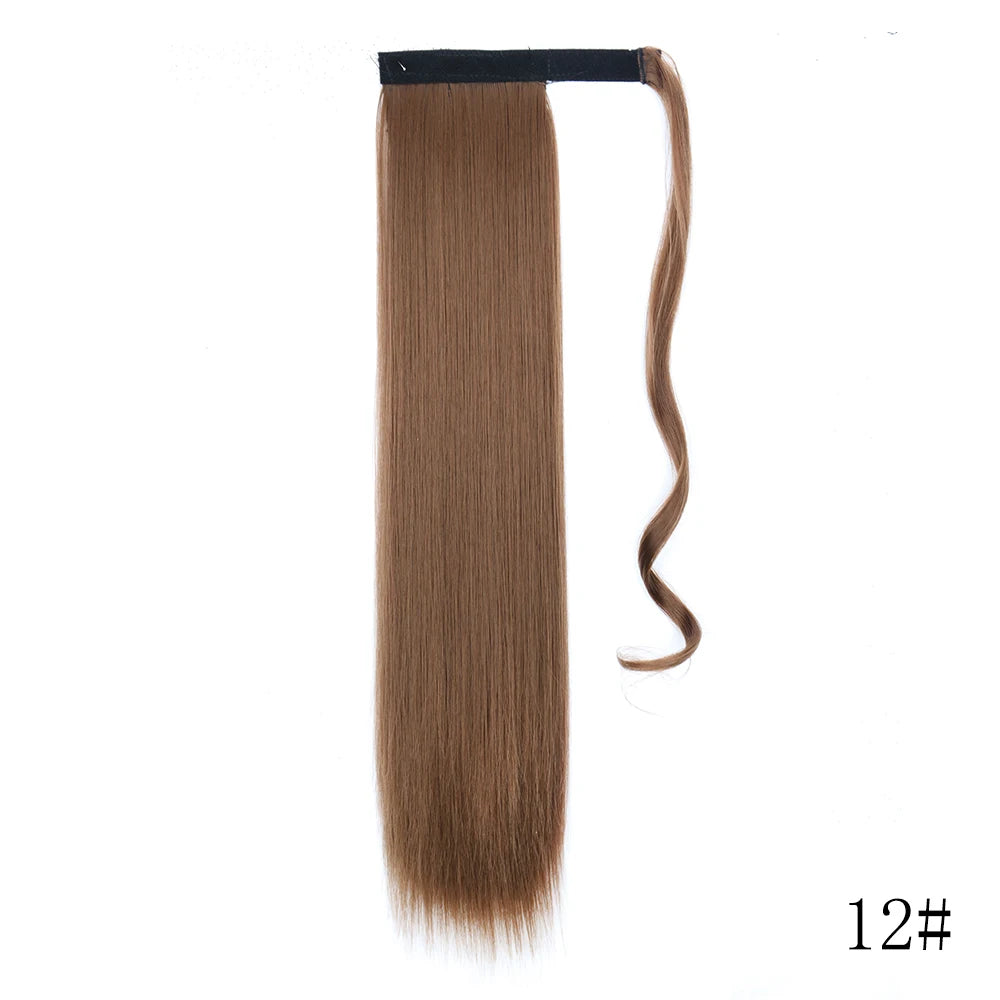 A long, straight brown hair extension with a wrap-around clip is shown.