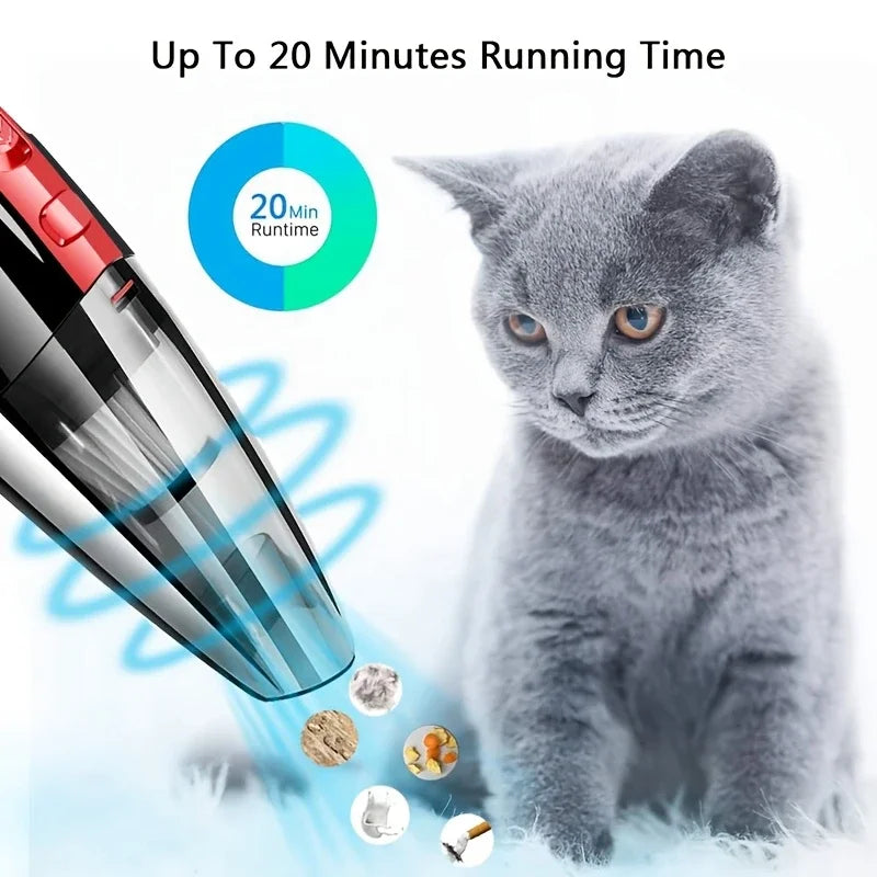 A gray kitten is looking at a red cordless handheld vacuum cleaner, demonstrating up to 20 minutes of running time.
