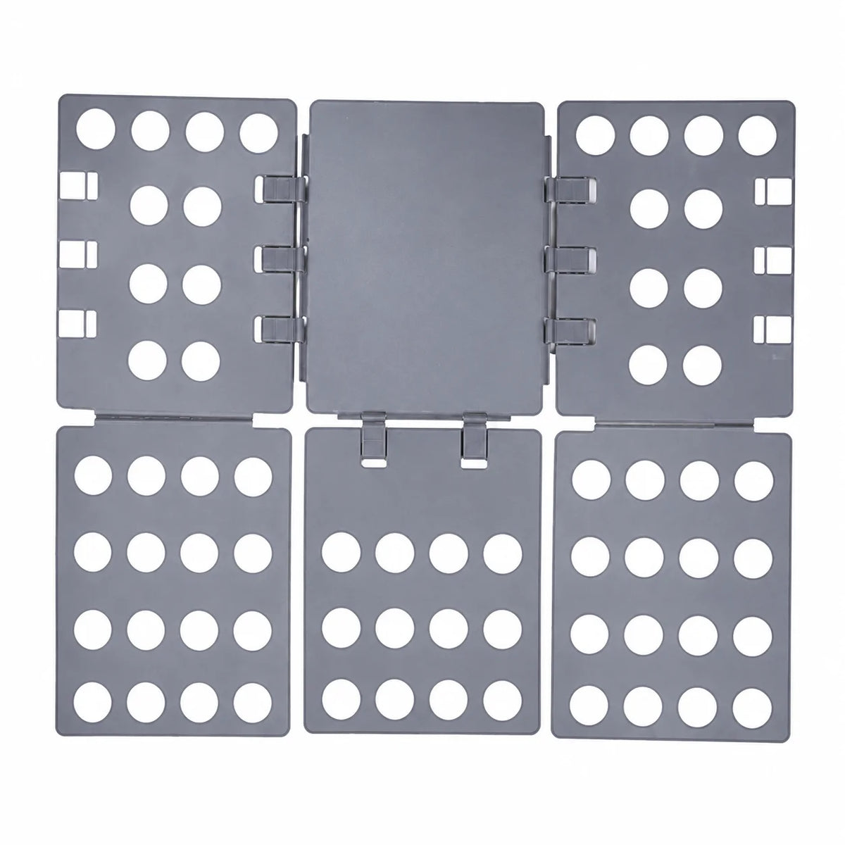 A set of gray clothes folding boards with multiple circular holes for organizing laundry.
