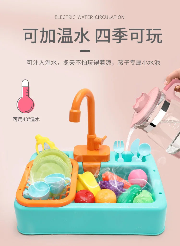 A set of kids pretend play kitchen sink toys with an electric water circulation feature, featuring various food items and a f