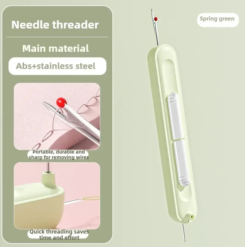 A light green needle threader tool with a spring green wire is shown next to its main material and usage examples.