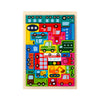 A wooden puzzle set featuring various colorful vehicles and transport themes for children.