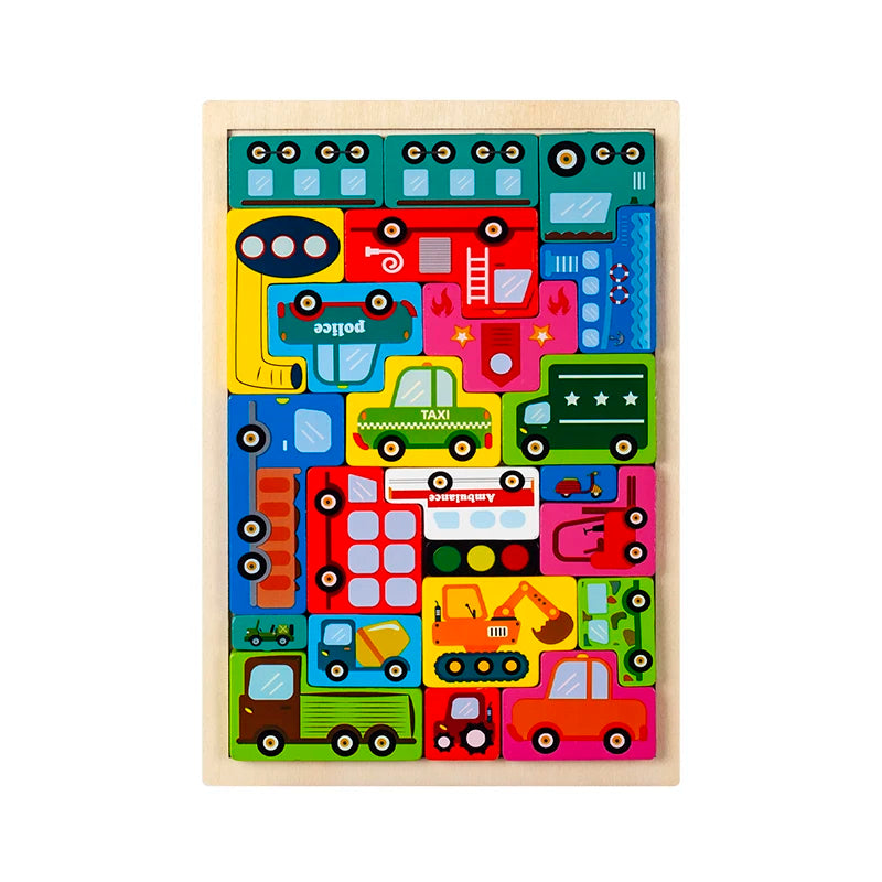 A wooden puzzle set featuring various colorful vehicles and transport themes for children.