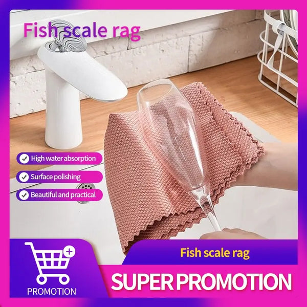 A pink fish scale rag is shown next to a glass, highlighting its water absorption and polishing properties.