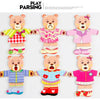 A collection of five wooden puzzle bears in various colors and outfits for children.