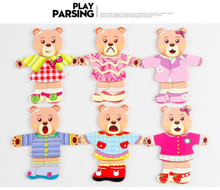 A collection of five wooden puzzle bears in various colors and outfits for children.