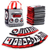 A set of baby soft cloth alphabet and number flash cards stored in a red and black fabric bag.