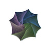 Geometrisk fidget-leke med optisk illusjonsdesign i blå, lilla og grønne striper.